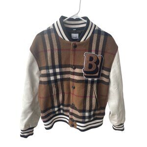 Burberry Wool & Leather Varsity Jacket With Plaid Design & Logo Patch